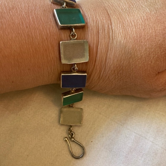 Sterling Silver 925 Bracelet with Natural Stone Inlay‎ Vintage - Picture 6 of 8